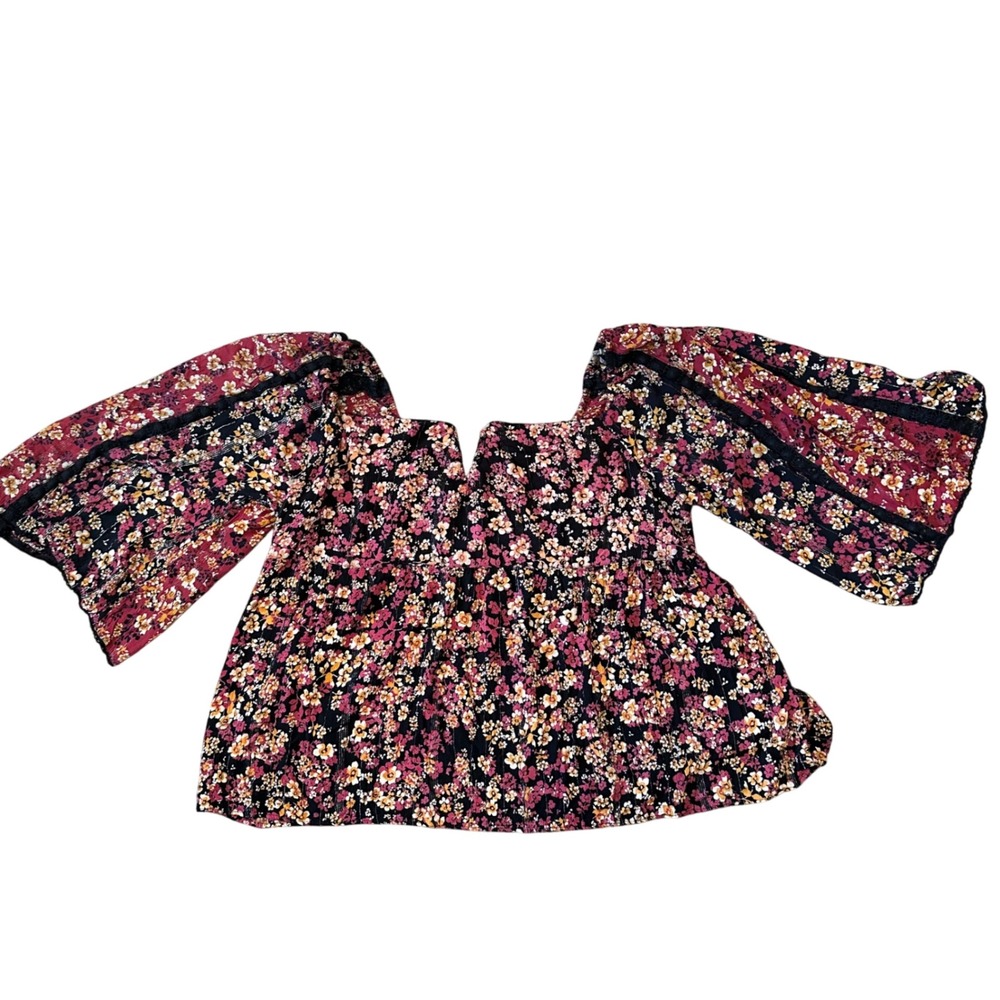 ANGIE Smocked Floral Print Bell Sleeve Top 2X Gold‎ Metallic Thread Whimsigoth